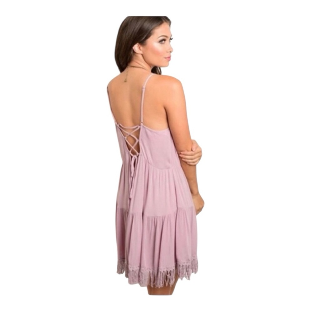 NWT•L•Zen Bohemian Dusty Mauve Fringe Tiered Hemline Boho Chic Sun Dress